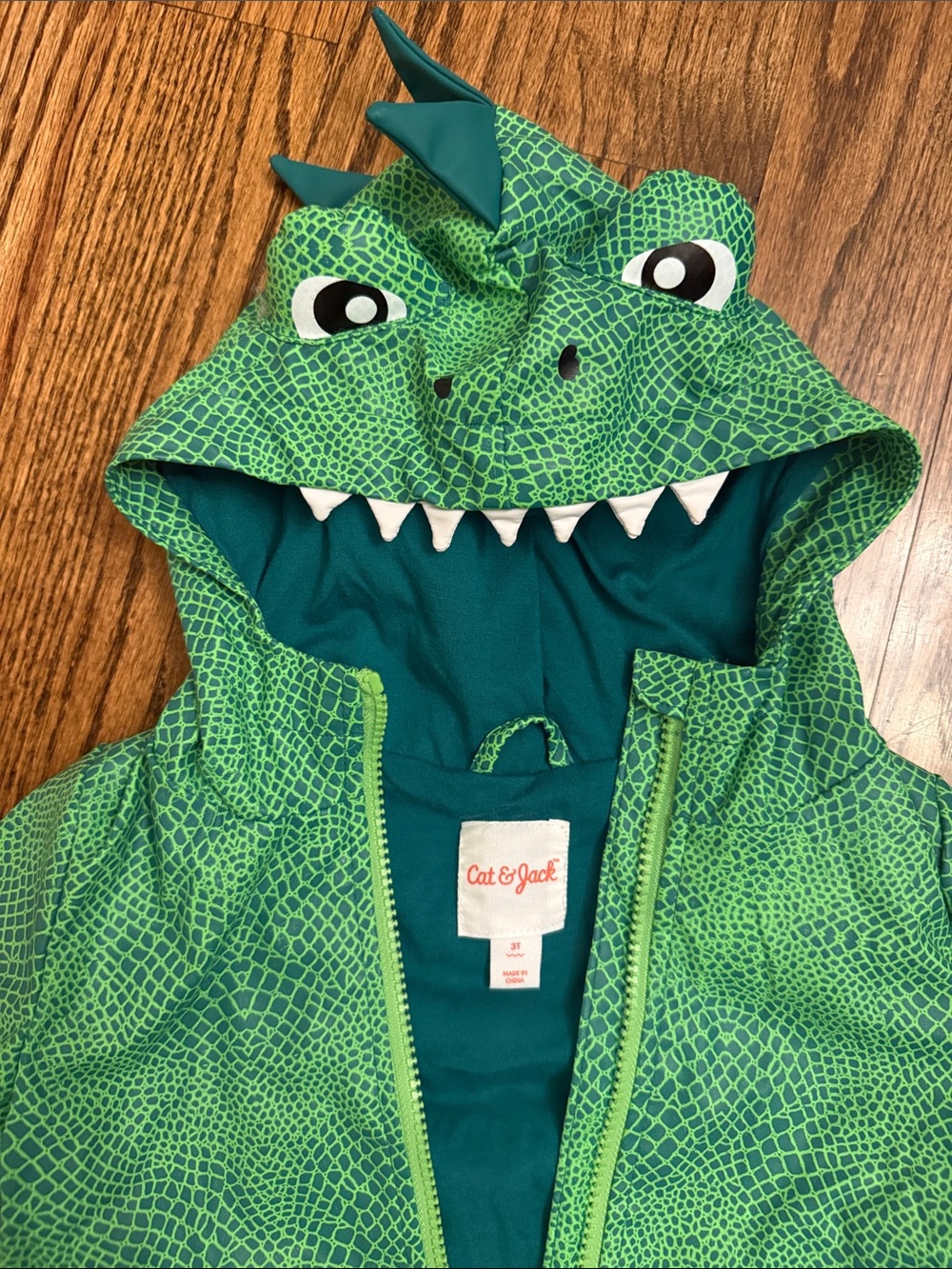 Cat & Jack 3T Bright Green Dino Hooded Rain Jacket - Picture 2 of 3